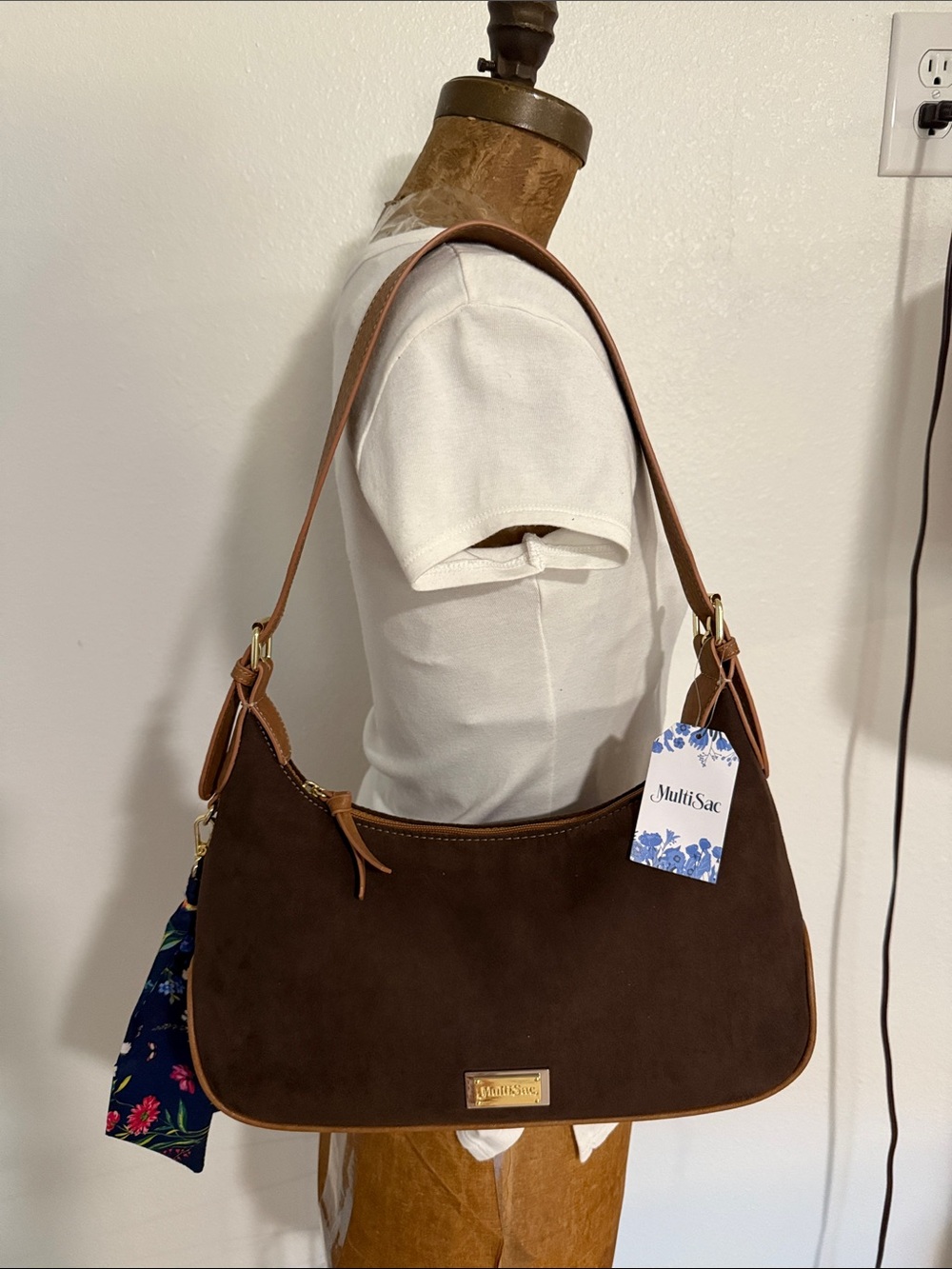NWT Faux Brown Suede Hobo Shoulder Bag with Tan Trim